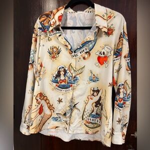 Vintage Tattoo Print Button Down Shirt. Size Large.